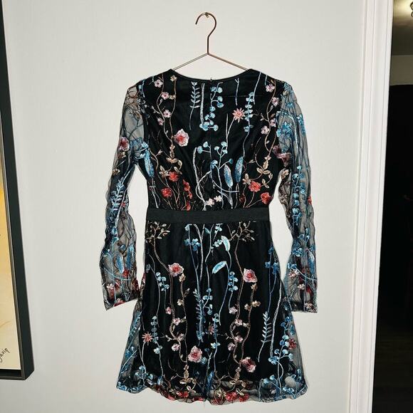 Unbranded Women's Black Long Sleeve Mesh Embroidered A-Line Mini Dress Size S - Picture 7 of 9